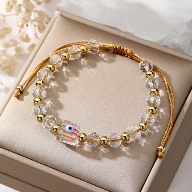 Elegant clear square crystal bead evil eye bracelet