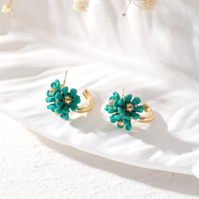 Korean fashion colorful flower open hoop studs earrings