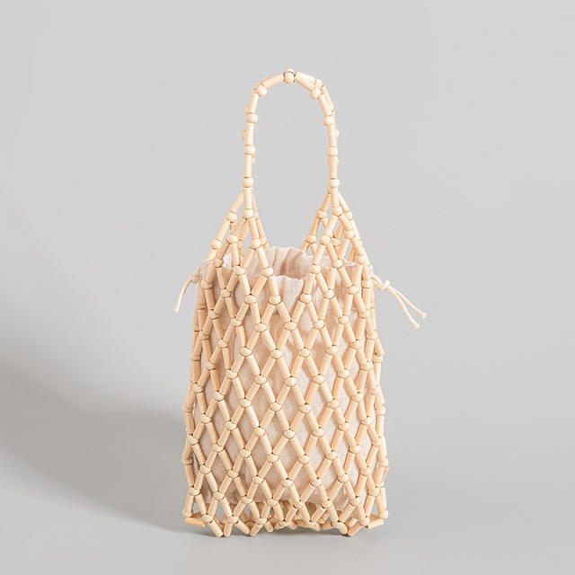 Handmade wood bead hollow out bucket bag beach bag