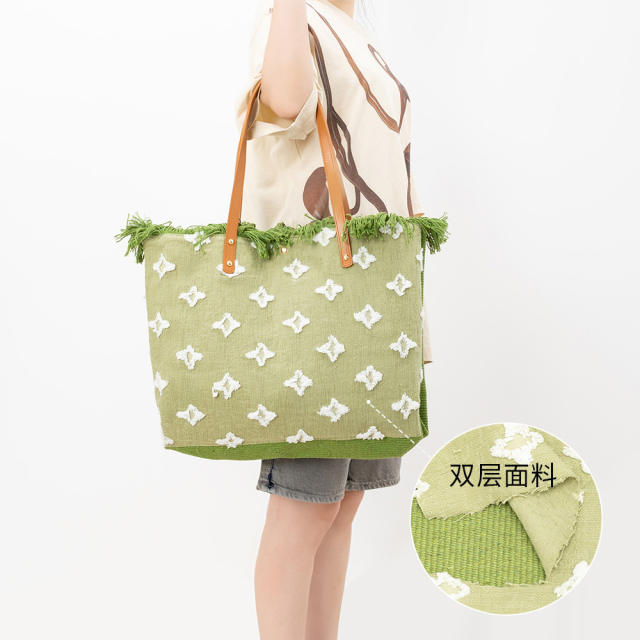 Summer design embroidery canvas tassel large storage tote bag beach bag