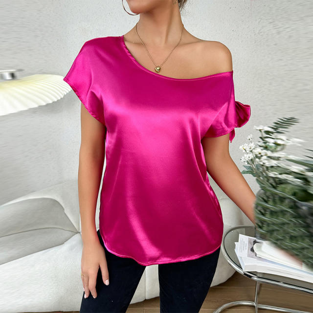 Summer sexy one shoulder tie bow rose red satin women tops