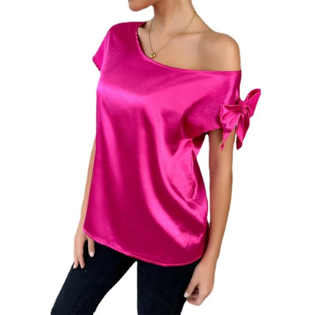 Summer sexy one shoulder tie bow rose red satin women tops