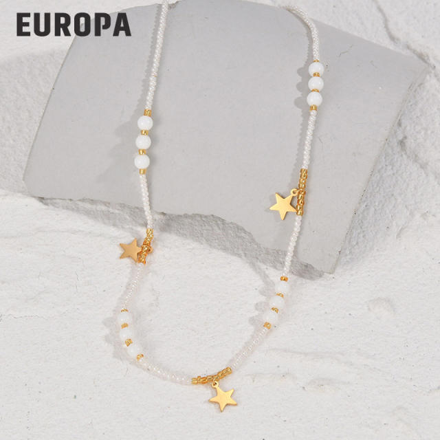 Summer colorful seed bead stainless steel star charm necklace