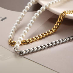 Stainless steel cuban link chain pearl bead Asymmetric necklace