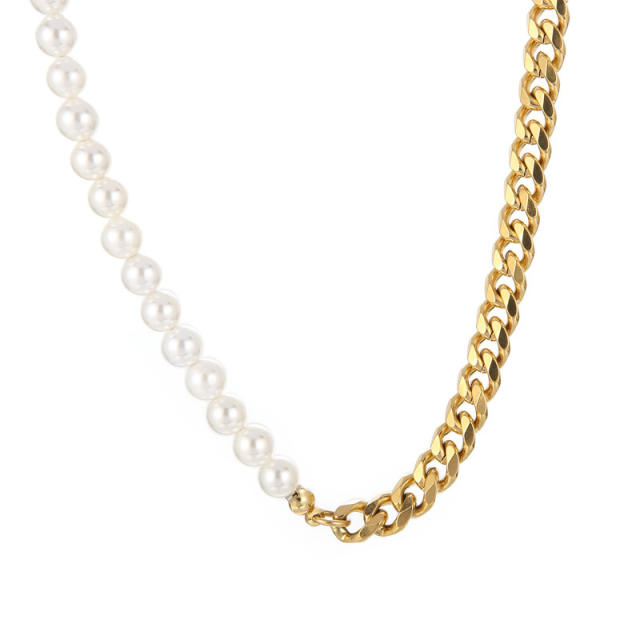 Stainless steel cuban link chain pearl bead Asymmetric necklace