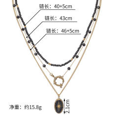 Vintage black bead multi layer stainless steel necklace