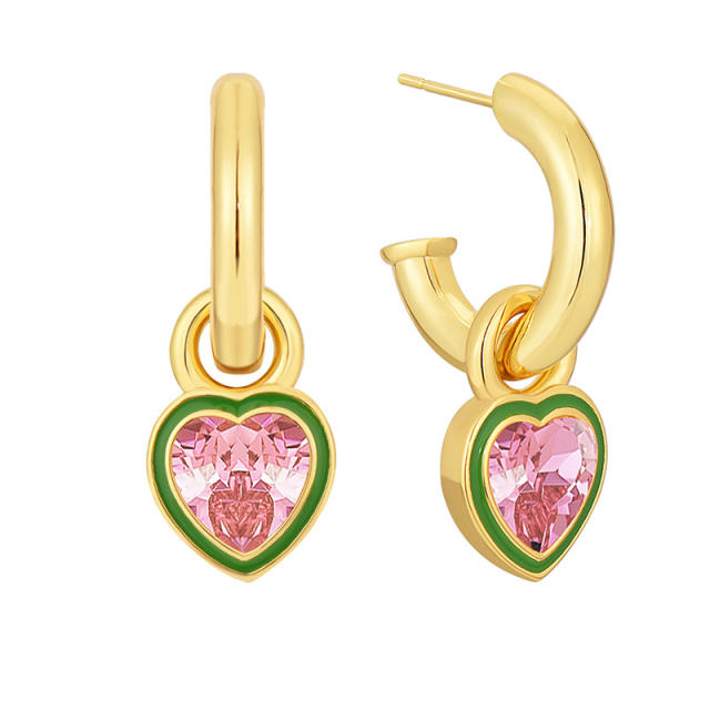 Pink heart cubic zircon gold plated copper earrings