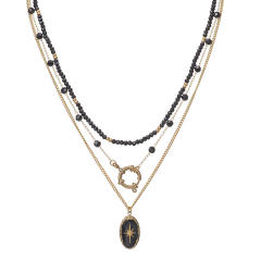 Vintage black bead multi layer stainless steel necklace