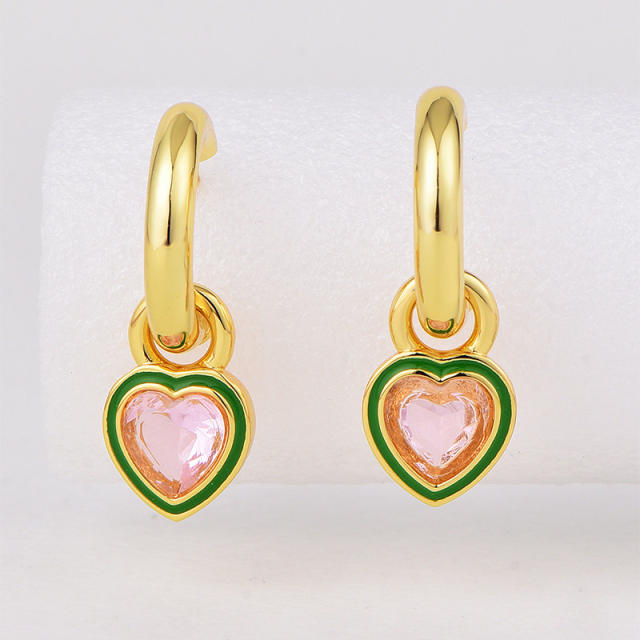 Pink heart cubic zircon gold plated copper earrings