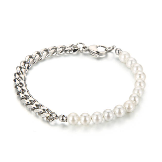 Stainless steel cuban link chain pearl bead Asymmetric necklace