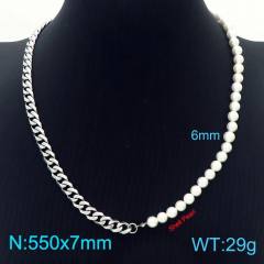 Stainless steel cuban link chain pearl bead Asymmetric necklace
