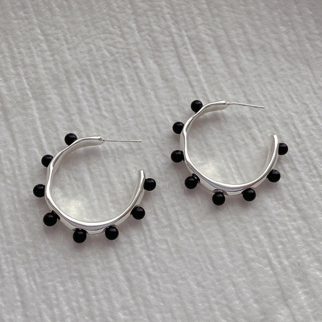 Simple pearl bead open hoop copper earrings