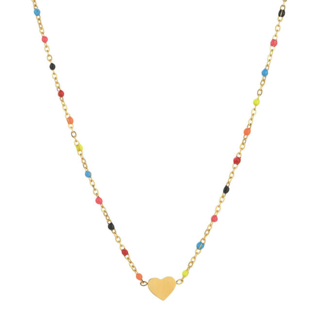 Sweet colorful bead tiny heart stainless steel necklace