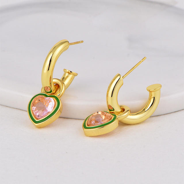 Pink heart cubic zircon gold plated copper earrings