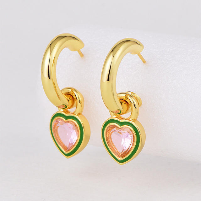 Pink heart cubic zircon gold plated copper earrings