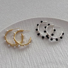 Simple pearl bead open hoop copper earrings