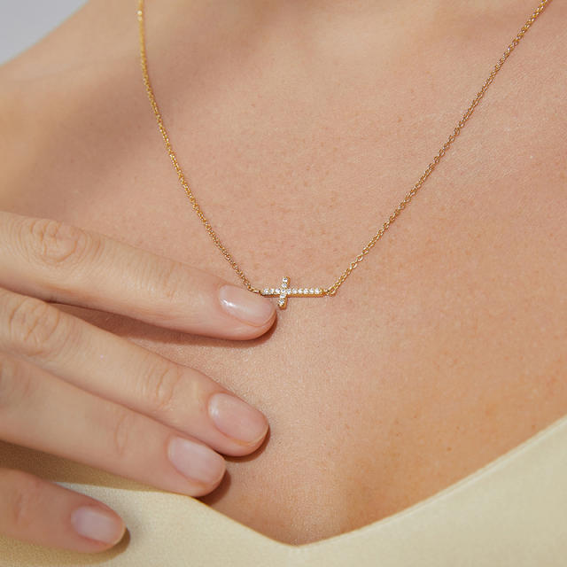 Delicate dainty diamond cross simple copper necklace for women