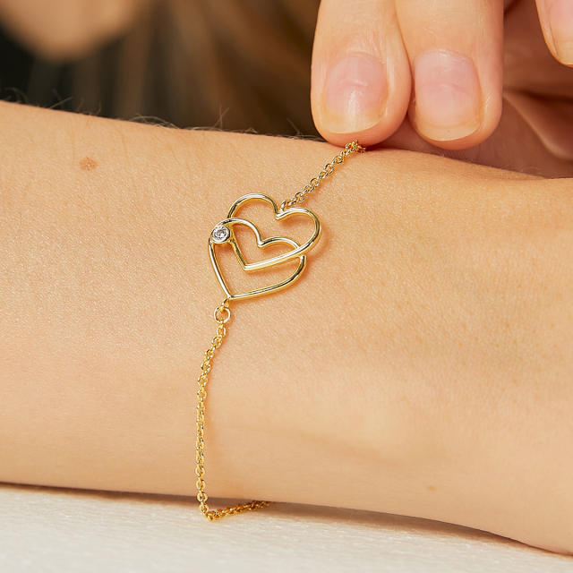 INS sweet hollow out double heart dainty copper bracelet