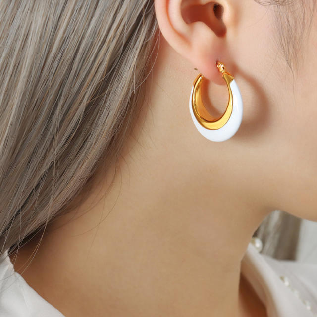 Personality vintage black white enamel bold stainless steel hoop earrings