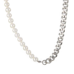 Stainless steel cuban link chain pearl bead Asymmetric necklace