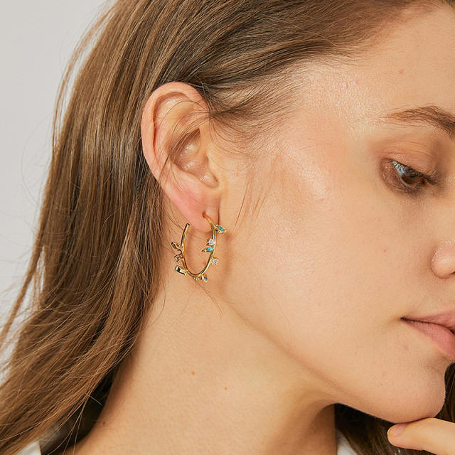 Elegant cubic zircon leaf gold plated copper hoop earrings