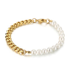 Stainless steel cuban link chain pearl bead Asymmetric necklace