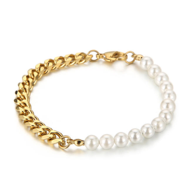 Stainless steel cuban link chain pearl bead Asymmetric necklace