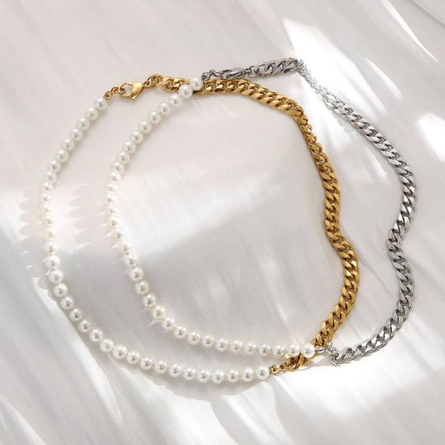 Stainless steel cuban link chain pearl bead Asymmetric necklace