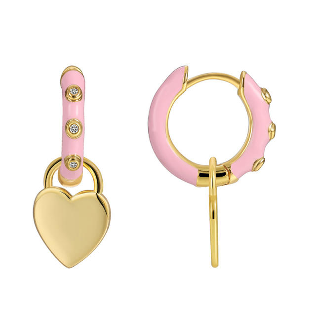 Sweet pink enamel heart copper huggie earrings