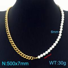 Stainless steel cuban link chain pearl bead Asymmetric necklace