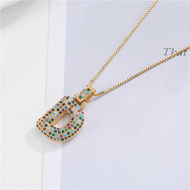 Hiphop rainbow cz initial letter pendant copper necklace