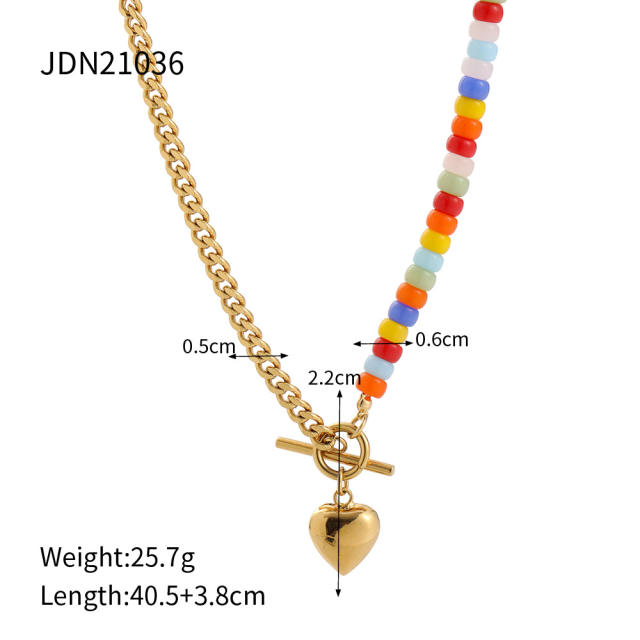 Boho colorful seed bead heart pendant toggle stainless steel necklace