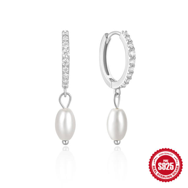 925 sterling silver chic diamond pearl drop huggie earrings