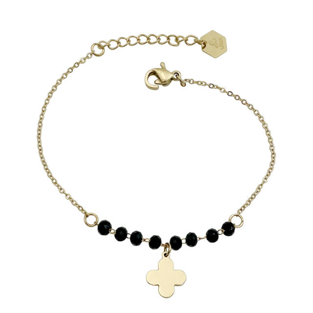 14K vintage black crystal bead stainless steel clover charm bracelet