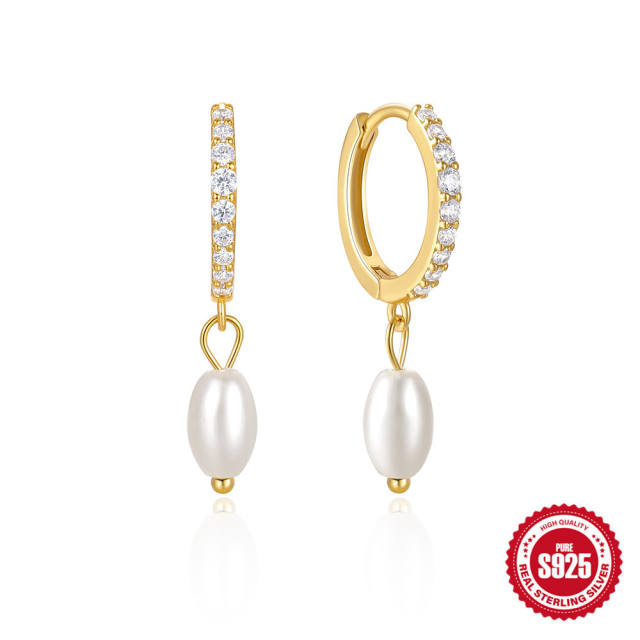 925 sterling silver chic diamond pearl drop huggie earrings