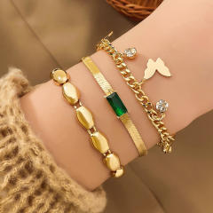 3pcs emerald rhinestone gold color butterfly charm bracelet set