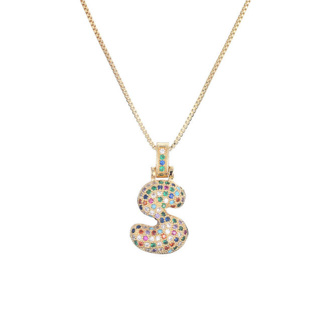 Hiphop rainbow cz initial letter pendant copper necklace