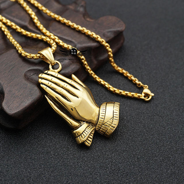 HIPHOP pray hand pendant stainless steel necklace