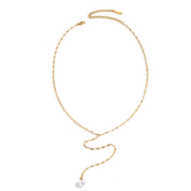 Simple concise pearl pendant stainless steel necklace lariats