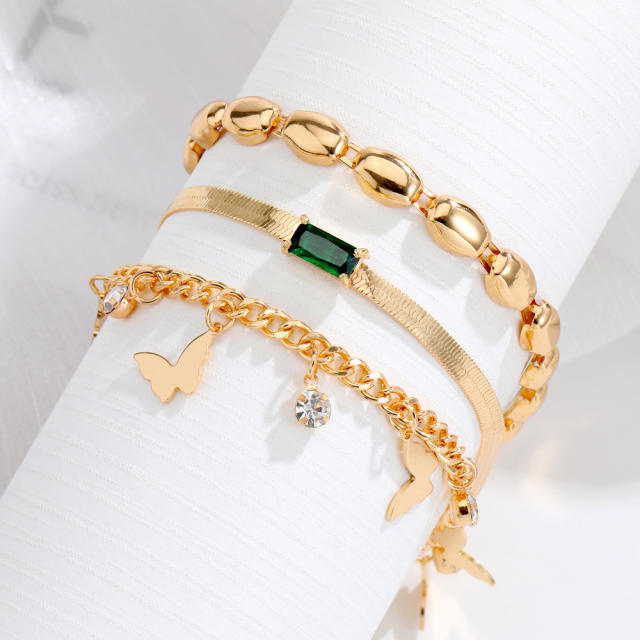 3pcs emerald rhinestone gold color butterfly charm bracelet set