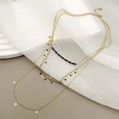 Vintage boho three layer dainty black bead stainless steel necklace