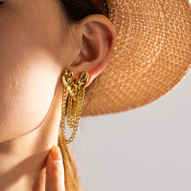 18K gold plated chunky heart chain tassel stainless steel earrings