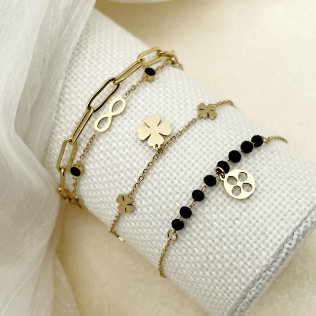 14K vintage black crystal bead stainless steel clover charm bracelet