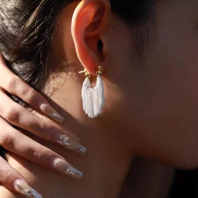 Chic white chain tassel earrings