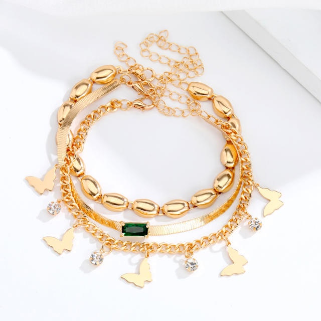 3pcs emerald rhinestone gold color butterfly charm bracelet set