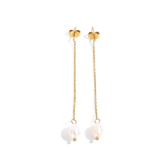 Chic simple baroque pearl stainless steel drop earrings