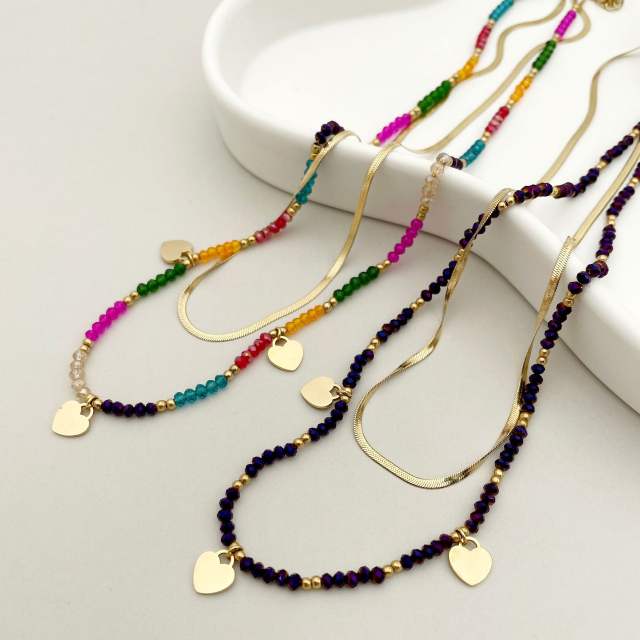 14K boho colorful bead two layer stainless steel chain necklace