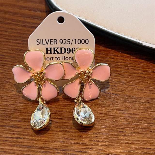 Summer color enamel petal flower drop earrings for women