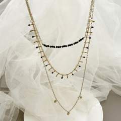 Vintage boho three layer dainty black bead stainless steel necklace