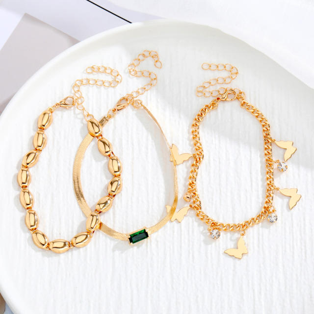 3pcs emerald rhinestone gold color butterfly charm bracelet set